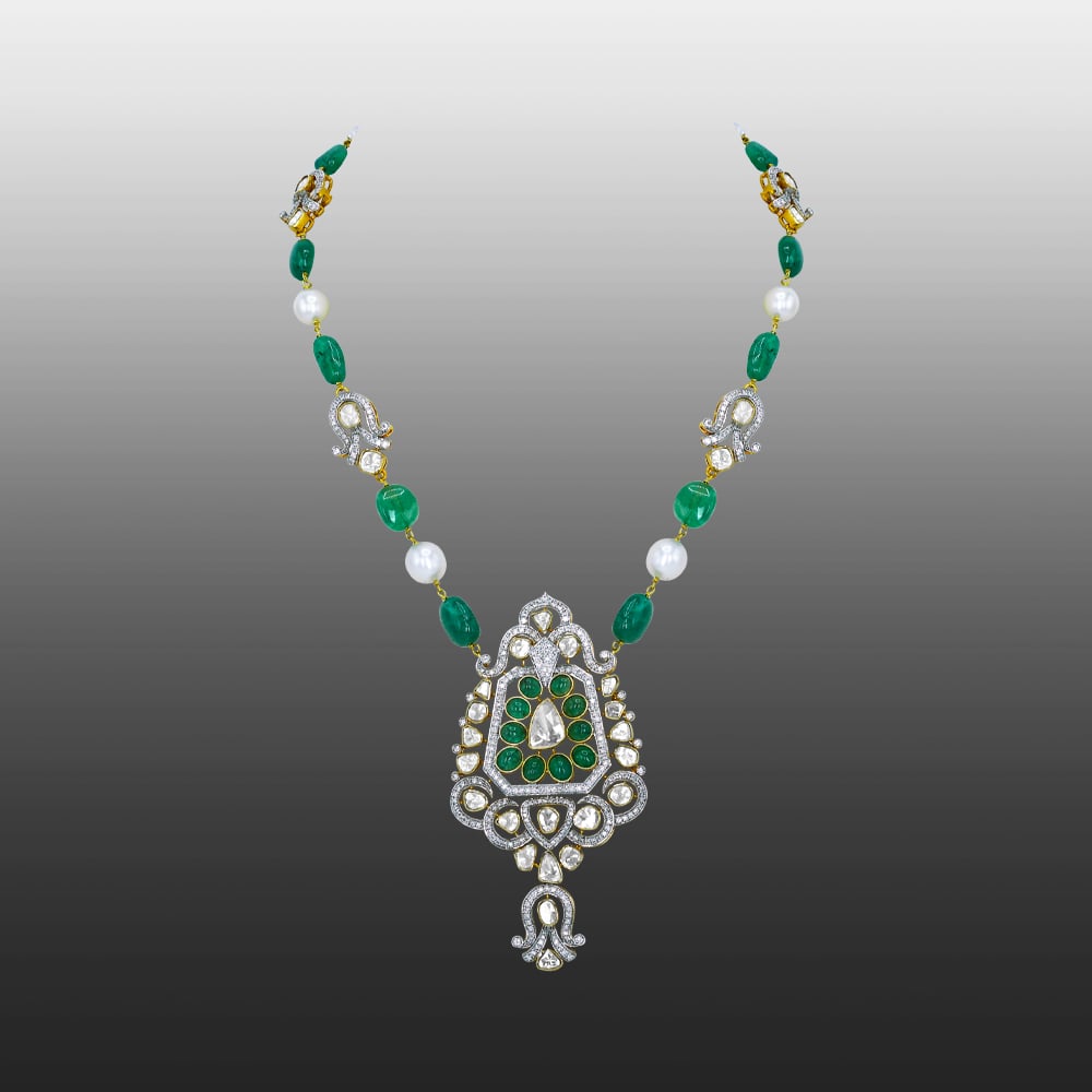 Emerald and Pearl Necklace with Diamond Motifs and Pendant